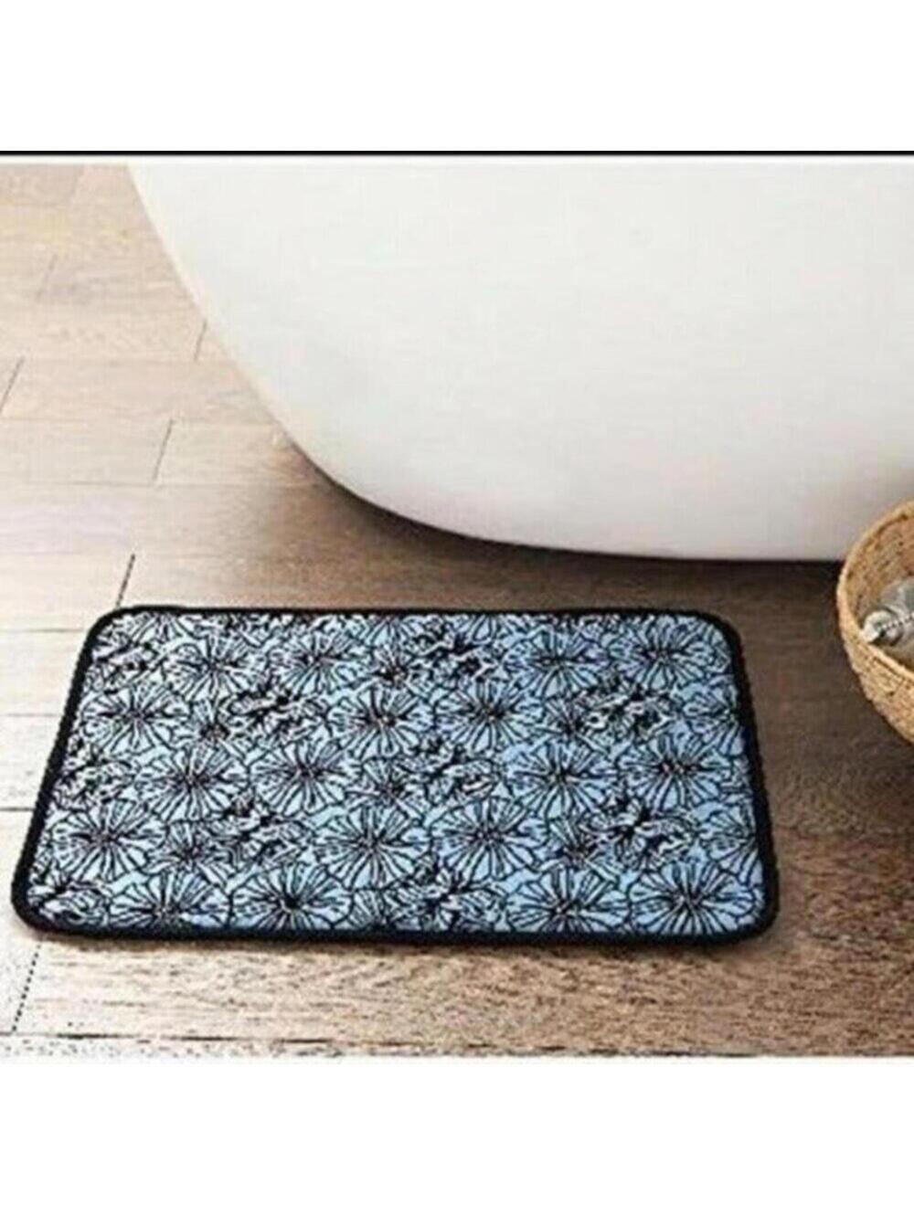 Memory Foam Bath Mat Rug Non-slip Black & Gray Floral 17x24 NEW